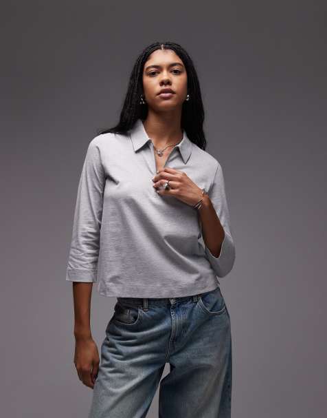 ARKET jersey rib polo top with zip collar and 3/4 length sleeves in grey - view 1