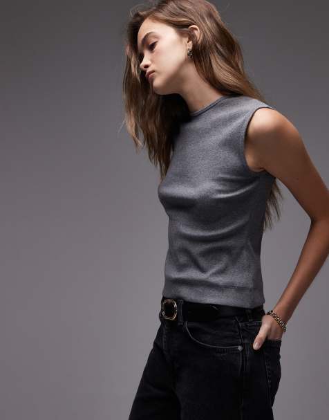 ARKET jersey rib tank vest top in grey melange - view 1
