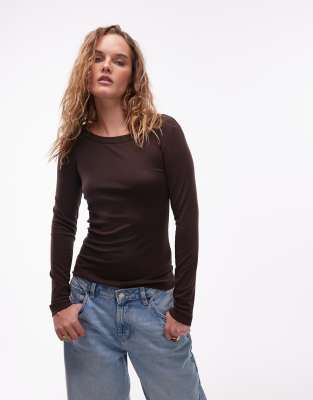 ARKET jersey ribbed long sleeve boat neck top in brown