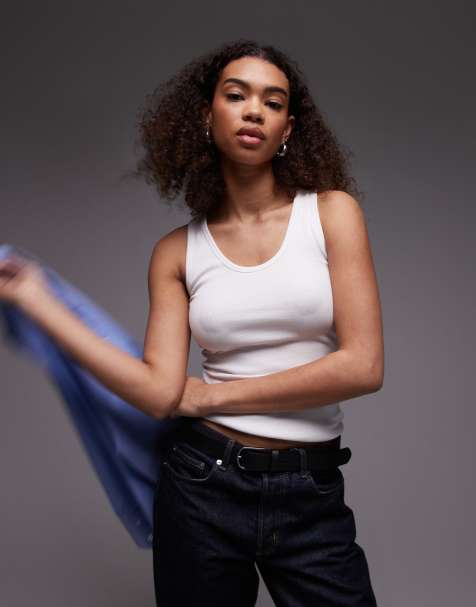 ARKET jersey ribbed singlet top with scoop neck in white - view 1