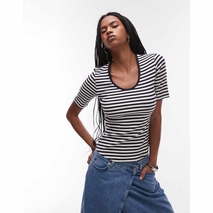 ARKET枠 ARKET jersey ribbed t-shirt top with scoop neck in blue stripes | ASOS