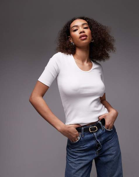 ARKET jersey ribbed t-shirt top with scoop neck in white - view 1