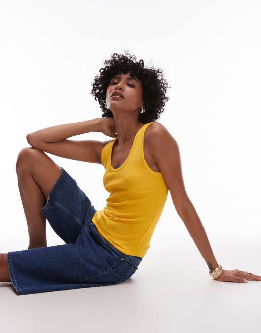 ARKET jersey ribbed vest top with scoop neck in yellow | ASOS