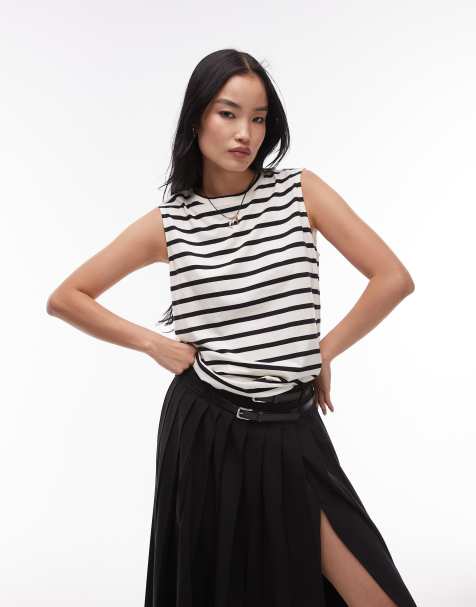 ARKET jersey t-shirt top with cap sleeves in navy and white stripes - view 1