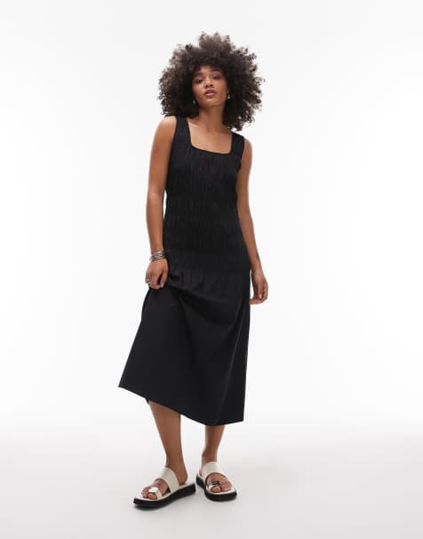 ARKET - Katoenrijke midi-jurk met gesmokt lijfje en verlaagde taille in zwart - view 1