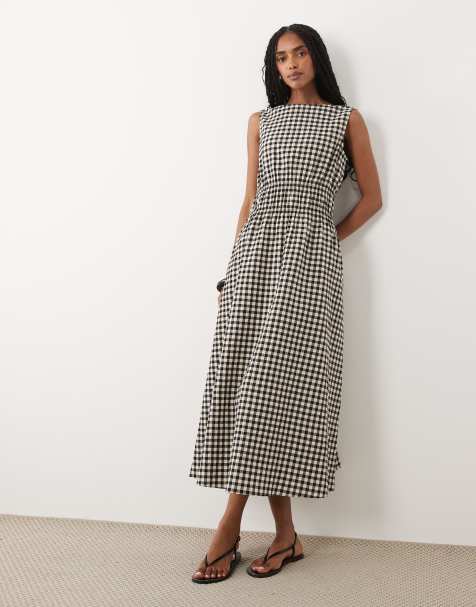 ARKET katoenrijke seersucker midi-jurk met getailleerde taille in zwart ginghamprint - view 1