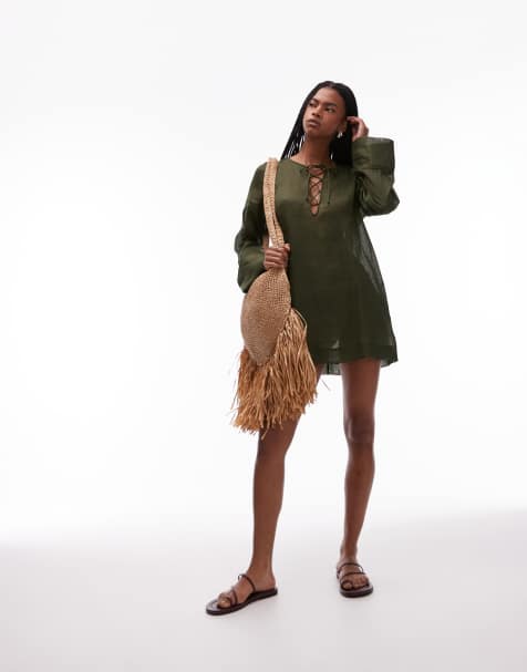 ARKET – Khakigrön, kort strand-coverup i skirt, rent ramifiber - view 1
