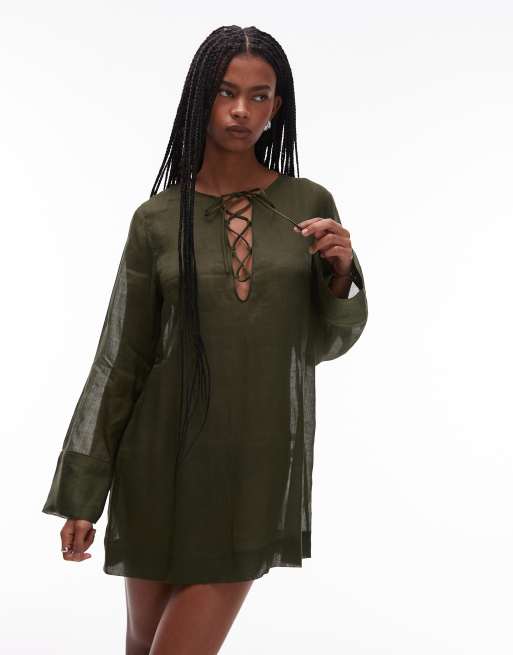 ARKET – Khakigrön, kort strand-coverup i skirt, rent ramifiber, 2 av 4