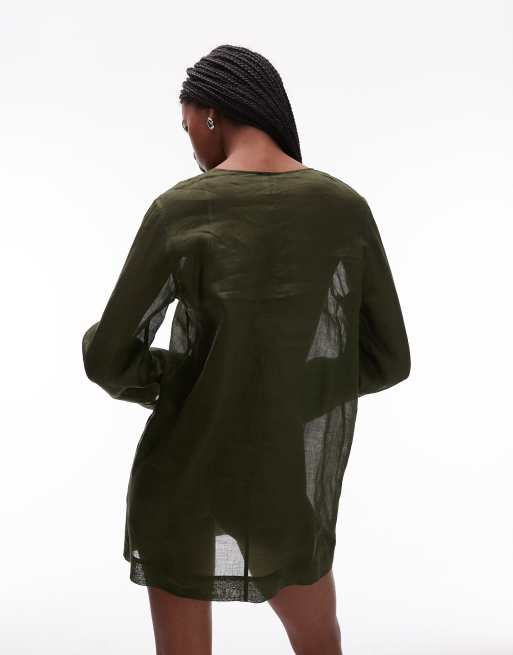 ARKET – Khakigrön, kort strand-coverup i skirt, rent ramifiber, 4 av 4