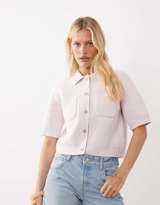 ARKET knit cotton short sleeve cardigan with utility pockets in pink, 4 of 4