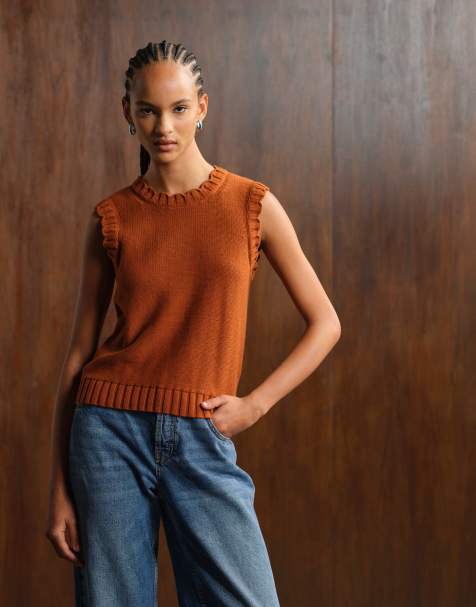 ARKET knit tank top with frill edge detail in rust - view 1