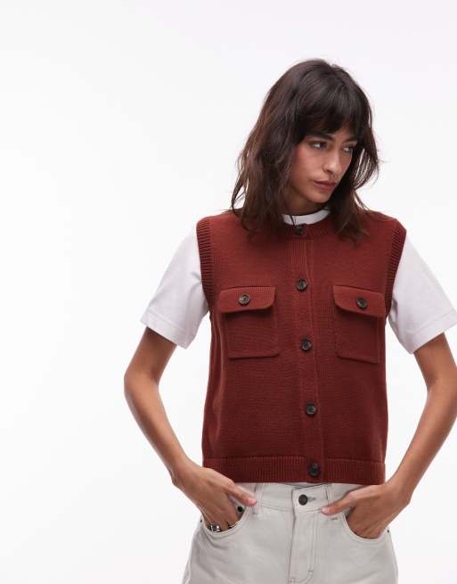 ARKET knit tank vest with button front and patch pockets in brown
