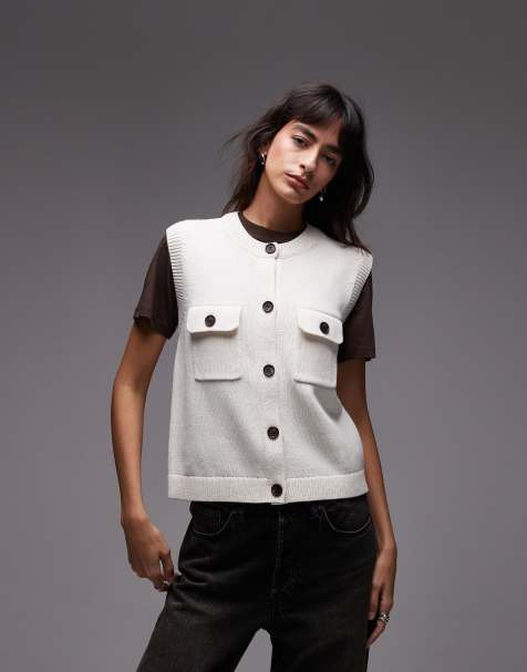 ARKET knit tank vest with button front and patch pockets in off white - view 1