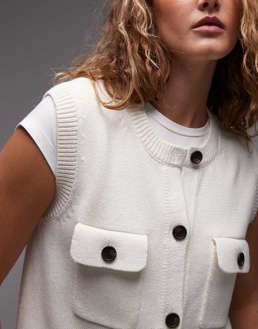 ARKET knit tank vest with button front and patch pockets in off white, 3 of 4