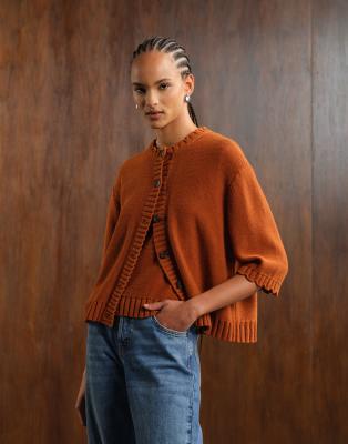 Arket Knitted Cardigan With 3/4 Sleeves And Frill Edge Detail In Brown