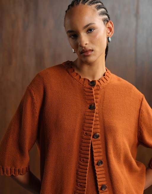 ARKET knitted cardigan with 3/4 sleeves and frill edge detail in rust, 2 of 4