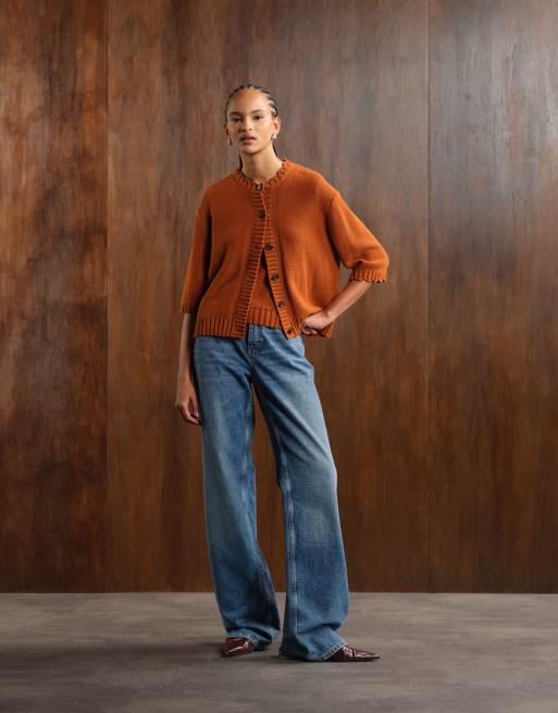 ARKET knitted cardigan with 3/4 sleeves and frill edge detail in rust, 3 of 4