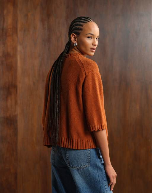 ARKET knitted cardigan with 3/4 sleeves and frill edge detail in rust, 4 of 4