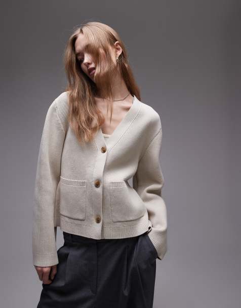 ARKET knitted compact milano stich cardigan with pockets in beige - view 1