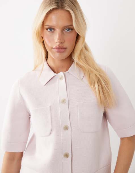 ARKET knitted cotton short sleeve cardigan with utility pockets in pink - view 1