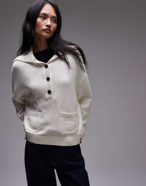 ARKET knitted jumper with large button collar in off white - view 1