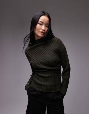 knitted rib long line top with twisted drape detail in khaki-Green
