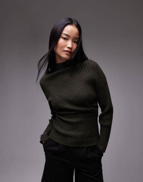 ARKET knitted rib long line top with twisted drape detail in khaki - view 1