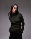 [Arket] ARKET knitted rib longline top with twisted drape detail in khaki-Green L Khaki