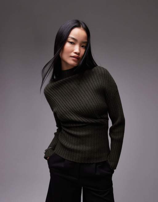 ARKET knitted rib longline top with twisted drape detail in khaki