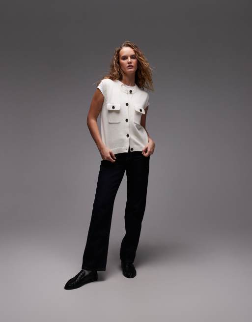 ARKET knitted tank vest with button front and patch pockets in off-white, 2 of 4