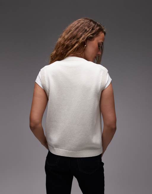 ARKET knitted tank vest with button front and patch pockets in off-white, 4 of 4