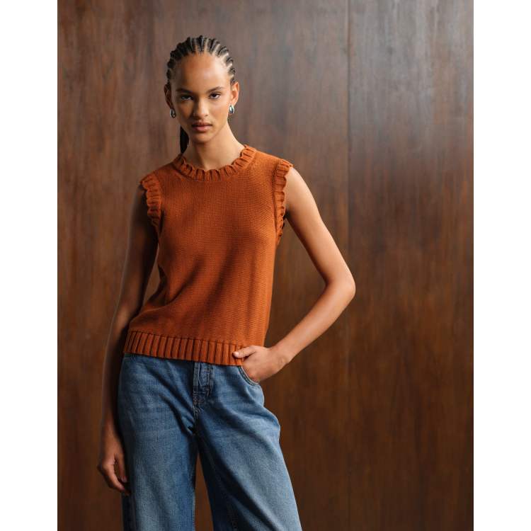 ARKET knitted tank vest with frill edge detail in rust | ASOS