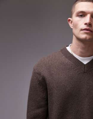 knitted v-neck rib sweater in brown