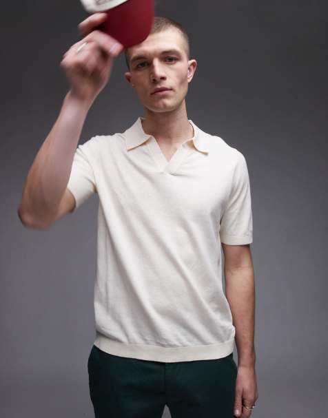ARKET cotton linen knitted shirt sleeve polo shirt in off white