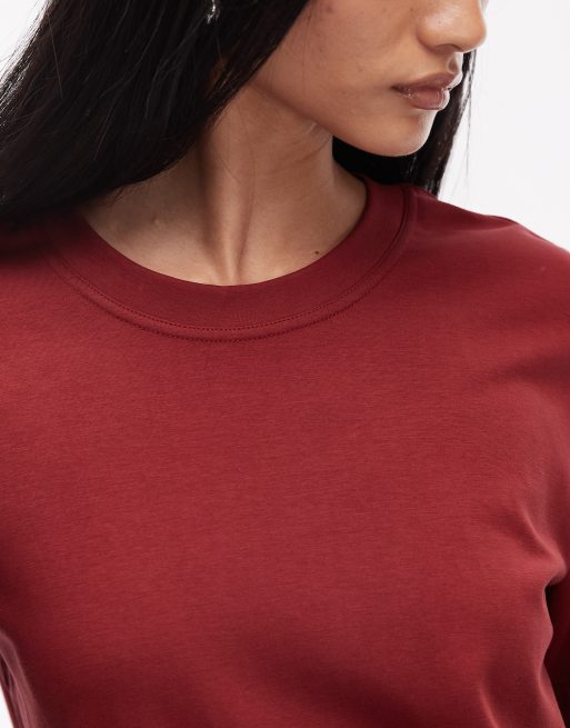 ARKET - Kraftig og bomuldsrig bordeauxrød T-shirt med stretch og korte ærmer samt interlock-syninger, 3 af 4