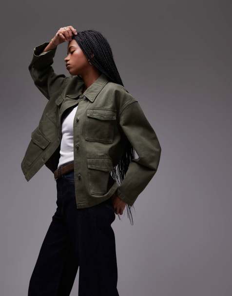 ARKET  denim jacket with patch pockets and cinch back in washed khaki