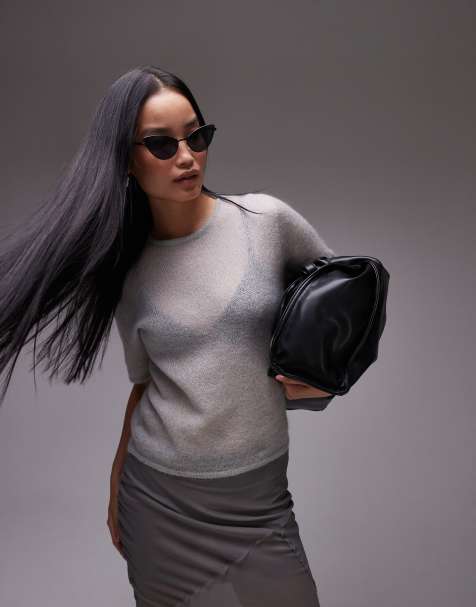 ARKET – Kurzärmliger, transparenter Strickpullover aus Mohair-Wollmix in Hellgrau - view 1