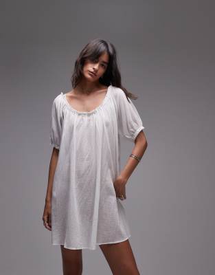 ARKET - Kurzes Strandkleid aus transparentem Voile in Weiß mit Puffärmeln