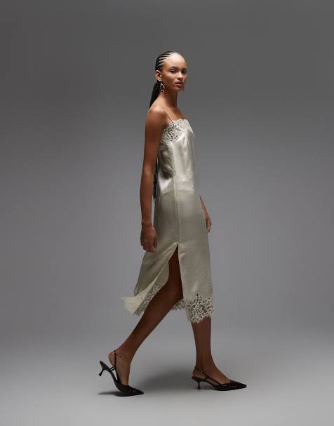 ARKET lace midi slip dress in light beige - view 1