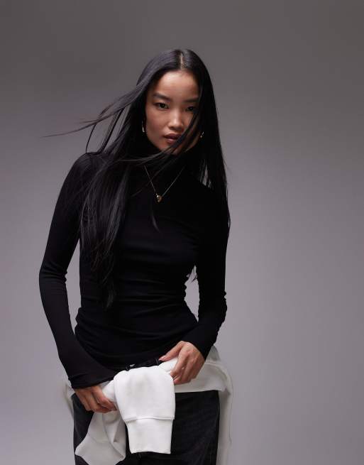 ARKET – Langärmliges T-Shirt in Schwarz aus transparentem Jersey mit hohem Kragen