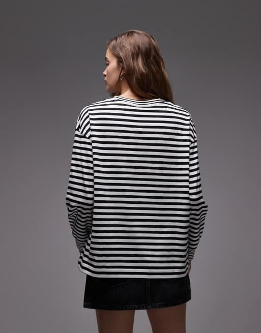 ARKET - Langærmet afslappet T-shirt med brede ærmekanter og hvide og blå striber i jersey, 3 af 4