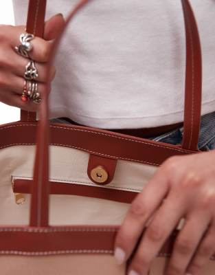 Arket Large Canvas Tote With Brown Leather Details Contrast Stitches In Neutral