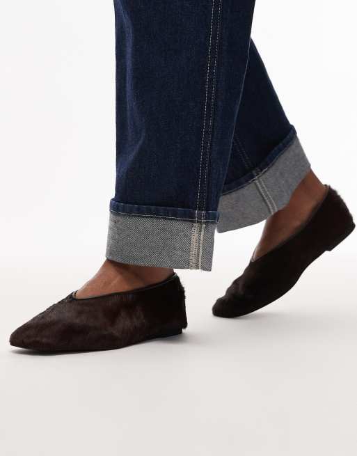 ARKET leather cow hair oval shape ballerina ballet pumps in dark brown