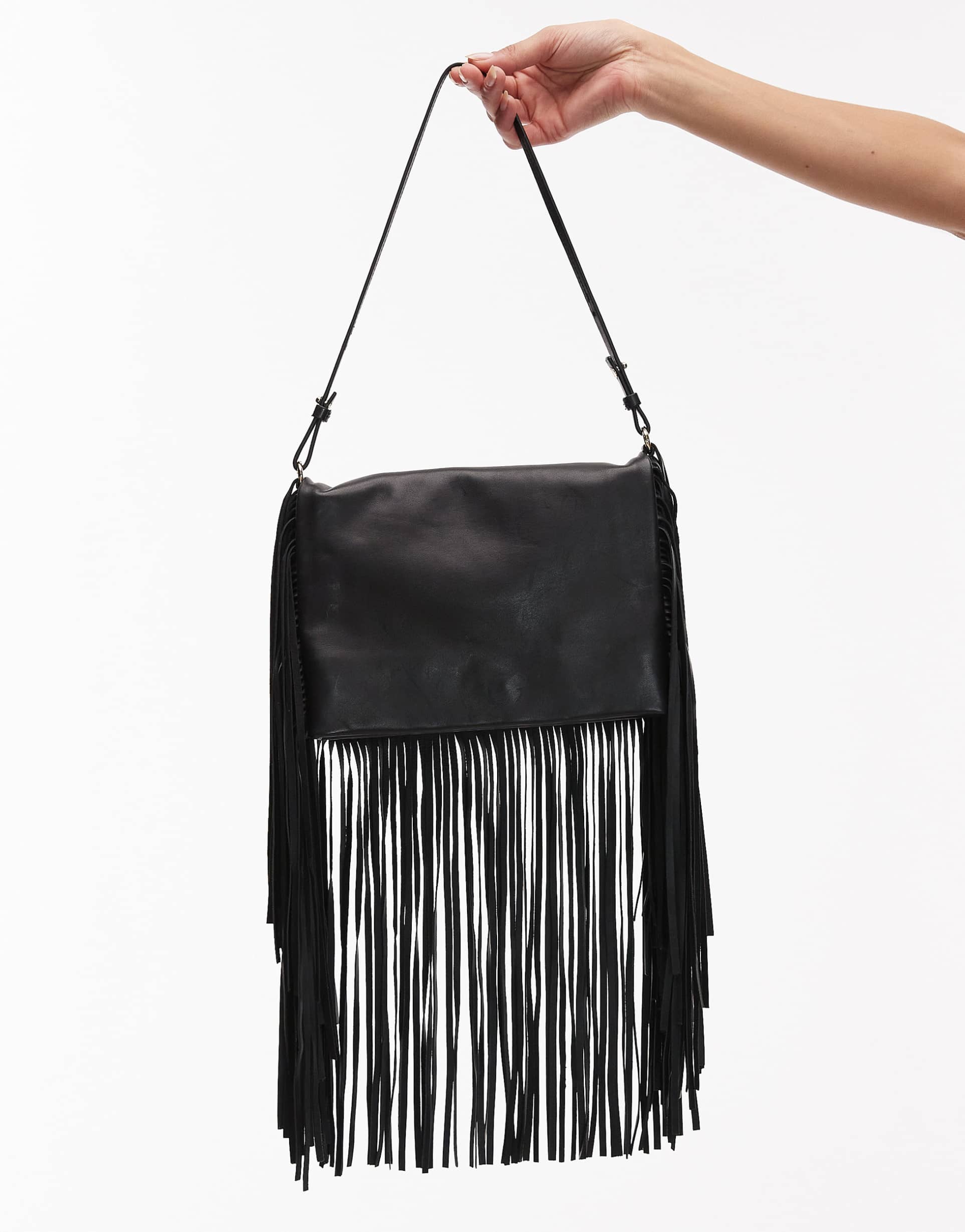 arket leather fringe shoulder bag in black