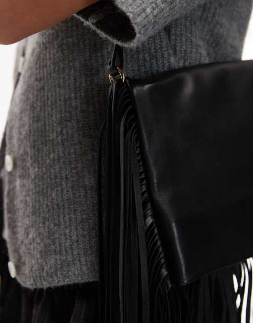 ARKET leather fringe shoulder bag in black, 3 of 4