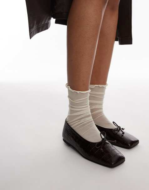 ARKET leather square toe ballet flats in dark brown embossed croc pattern - view 1
