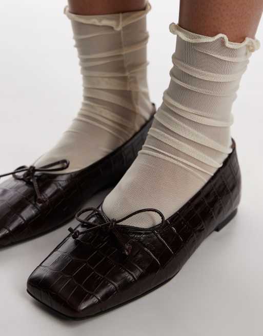 ARKET leather square toe ballet flats in dark brown embossed