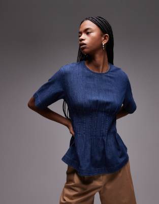 ARKET - Leichte Bluse aus Denim in mittelblauer Waschung mit plissiertem Oberteil