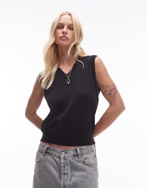 ARKET light knit tank singlet with collar in black - view 1