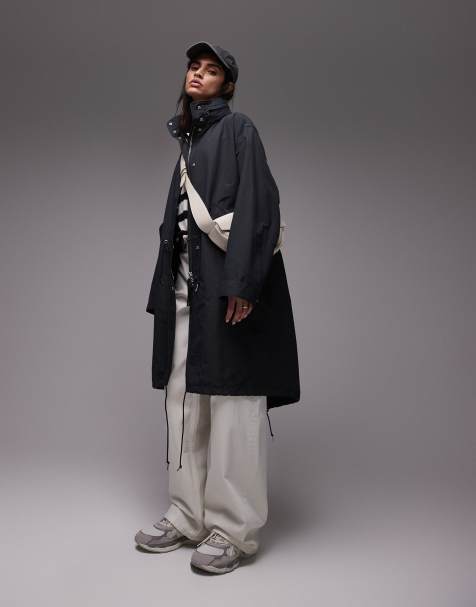 ARKET lightweight coated longline utility parka with foldaway hood in grey - view 1